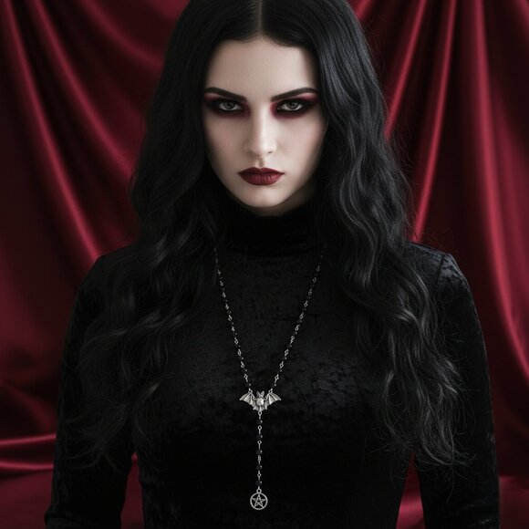 Goth Bat Rosary Style Witchy Vampire Victorian Pentagram Fashion Necklace NWOT - Picture 8 of 9